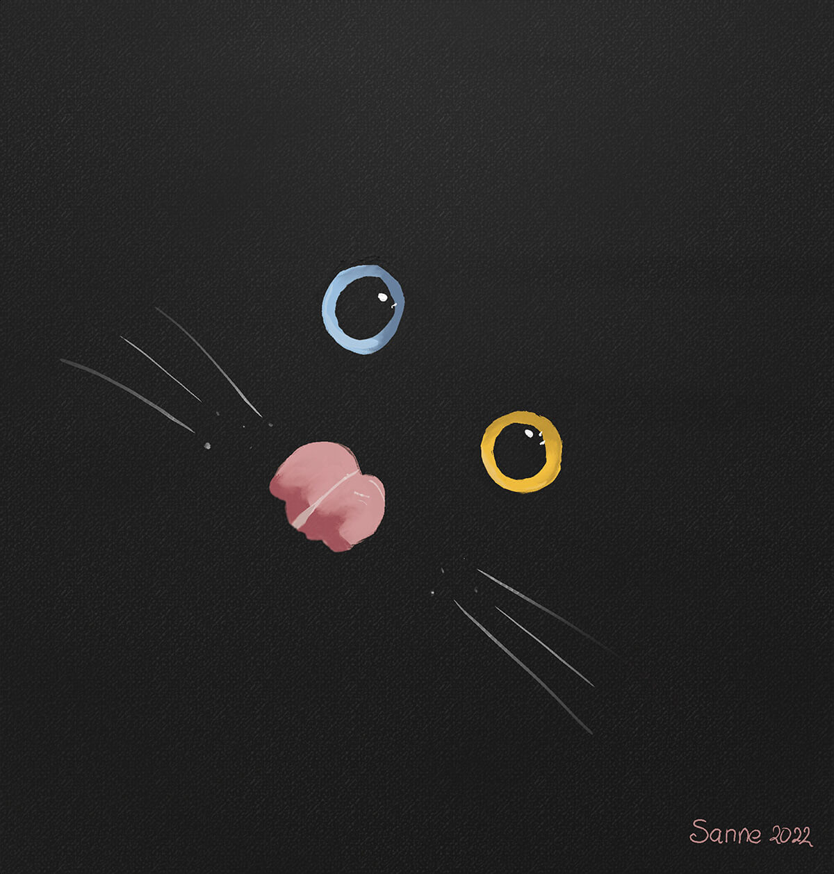 VR painting on canvas. A black void with a blue and yellow cat eye staring out with a 'blep', whiskers on either side