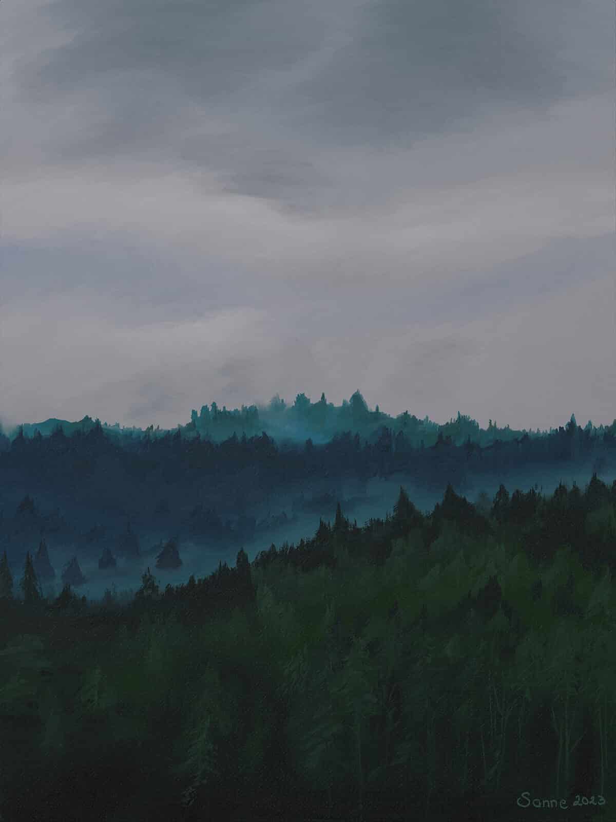 VR oil painting of a misty mountain range, covered in a dense forest. The dominant colors are deep hues of blue, moving towards green in the front.