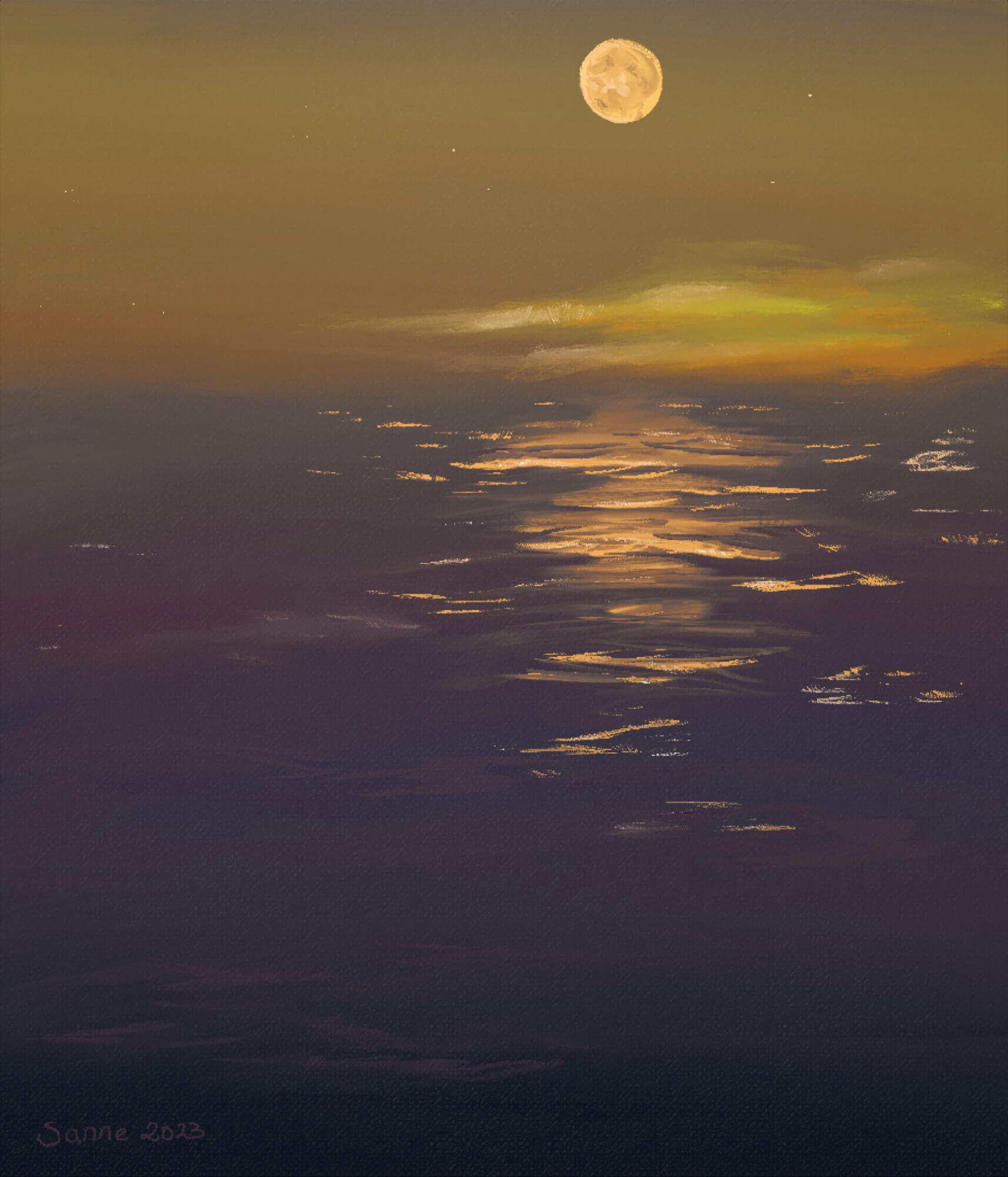 A moody VR oil painting featuring a dusky ocean. The sky is an almost unsettling color of desaturated orange and yellow with whisps of clouds in the distance. A pale yellow moon hangs in the sky with a few stars dotted here and there. The ocean is a desaturated color of purple and blues, with bright shimmery yellow reflections from the moon. I'm alone again.
